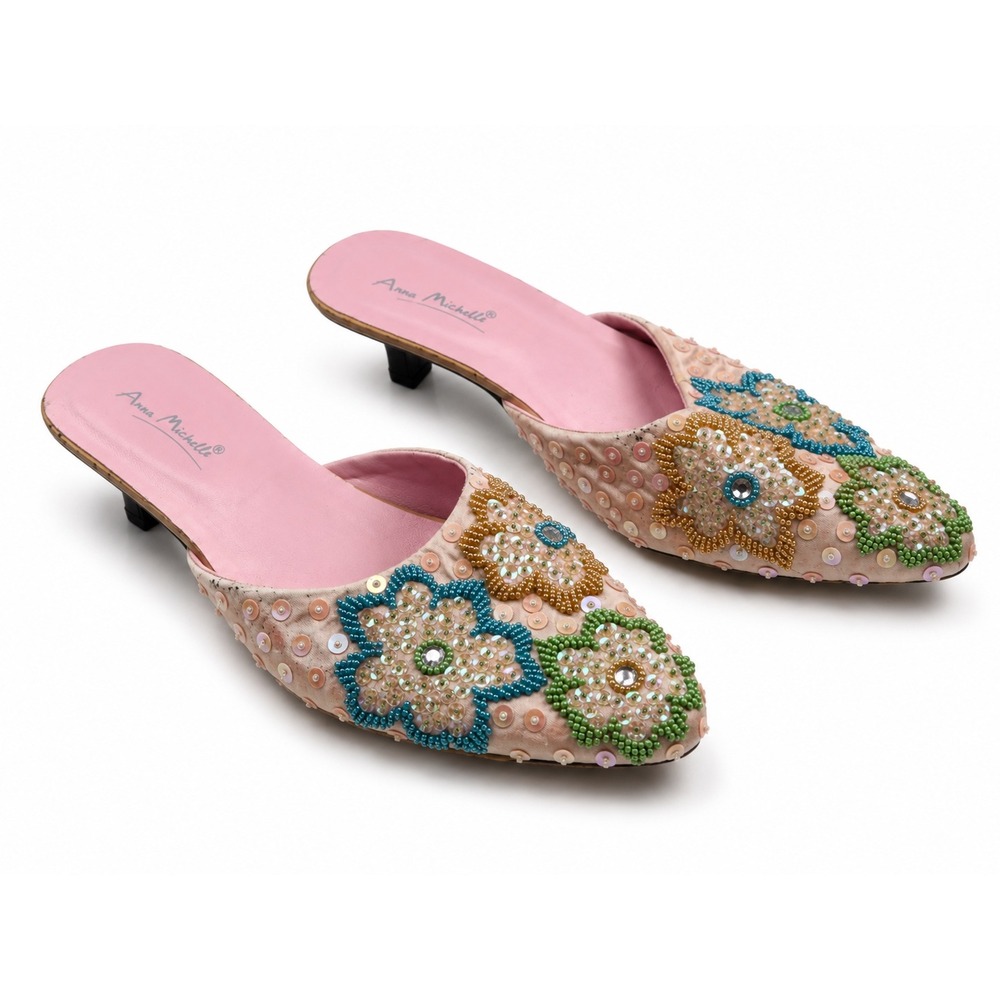 Anne Michelle Vintage Y2K Pink Sequin Beaded Floral Kitten Heels Women's Size 7